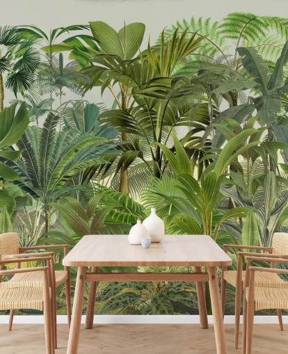 mural de papel de parede de folhas verdes personalizáveis chamado Tropical Landscape de Andrea Haase para lounges mural de papel de parede de folhas verdes personalizáveis chamado Tropical Landscape de Andrea Haase para lounges