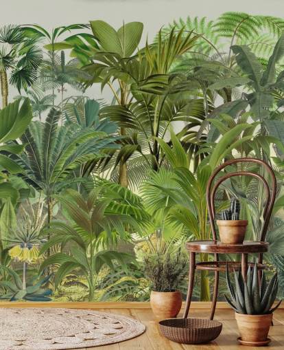 papier peint mural vert à feuilles personnalisables appelé Tropical Landscape par Andrea Haase pour les salons