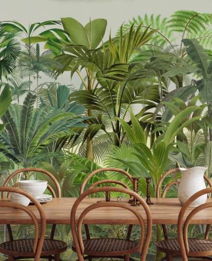 green customisable leaf wallpaper mural called Tropical Landscape by Andrea Haase for lounges