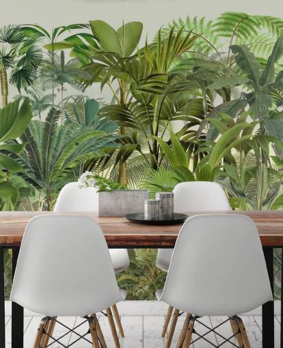 green customisable leaf wallpaper mural called Tropical Landscape by Andrea Haase for lounges