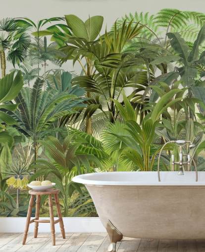 mural de papel pintado con hojas verdes personalizable llamado Tropical Landscape de Andrea Haase para salones