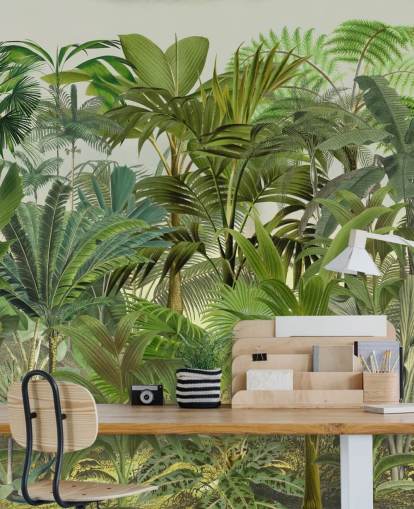 grønt tilpasseligt bladtapet vægmaleri kaldet Tropical Landscape af Andrea Haase til lounger