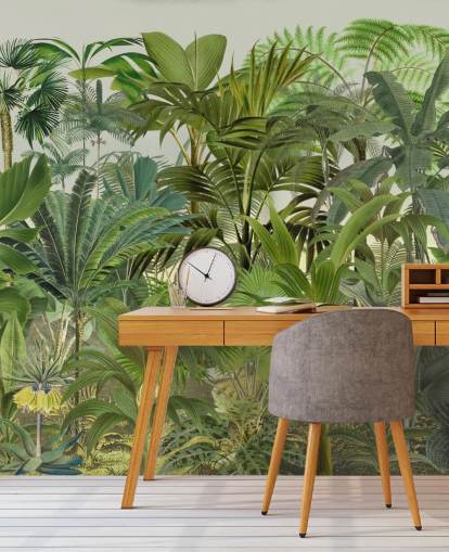 groene aanpasbare bladbehangmuurschildering genaamd Tropical Landscape van Andrea Haase voor lounges