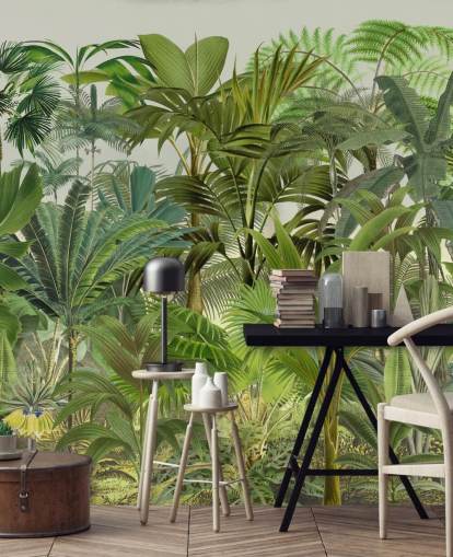 papier peint mural vert à feuilles personnalisables appelé Tropical Landscape par Andrea Haase pour les salons