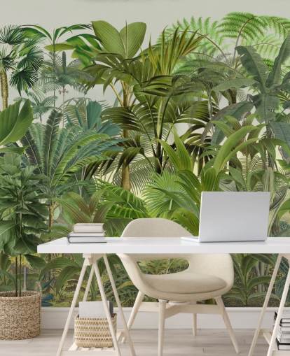 grønt tilpassbart bladtapet veggmaleri kalt Tropical Landscape av Andrea Haase for salonger