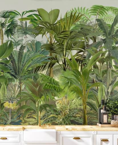 mural de papel pintado con hojas verdes personalizable llamado Tropical Landscape de Andrea Haase para salones