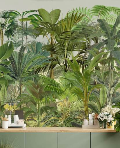papier peint mural vert à feuilles personnalisables appelé Tropical Landscape par Andrea Haase pour les salons papier peint mural vert à feuilles personnalisables appelé Tropical Landscape par Andrea Haase pour les salons