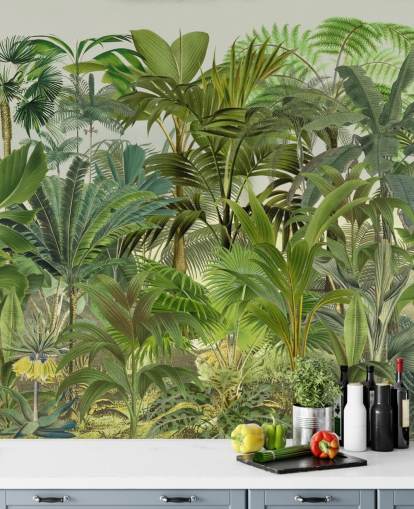 groene aanpasbare bladbehangmuurschildering genaamd Tropical Landscape van Andrea Haase voor lounges groene aanpasbare bladbehangmuurschildering genaamd Tropical Landscape van Andrea Haase voor lounges