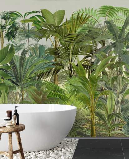 carta da parati murale con foglie verdi personalizzabile chiamata Tropical Landscape di Andrea Haase per salotti