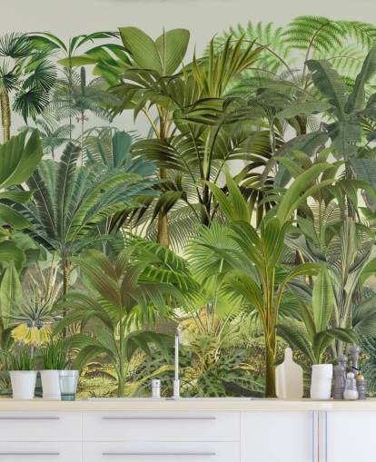 papier peint mural vert à feuilles personnalisables appelé Tropical Landscape par Andrea Haase pour les salons papier peint mural vert à feuilles personnalisables appelé Tropical Landscape par Andrea Haase pour les salons