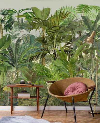 papier peint mural vert à feuilles personnalisables appelé Tropical Landscape par Andrea Haase pour les salons