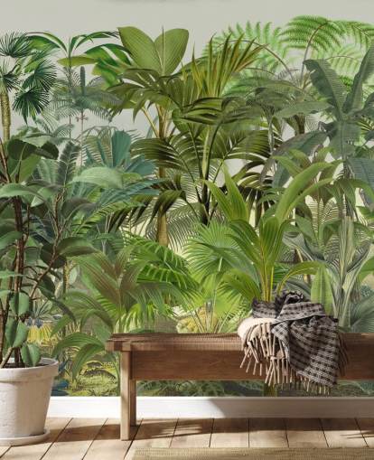 mural de papel pintado con hojas verdes personalizable llamado Tropical Landscape de Andrea Haase para salones