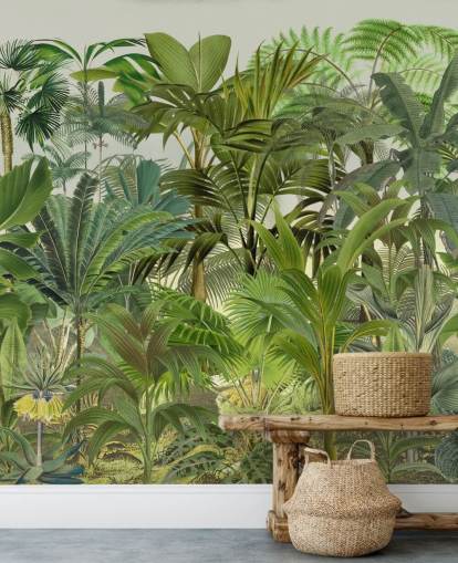 carta da parati murale con foglie verdi personalizzabile chiamata Tropical Landscape di Andrea Haase per salotti