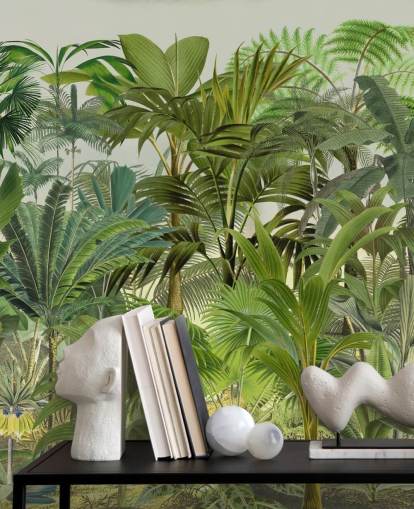 mural de papel pintado con hojas verdes personalizable llamado Tropical Landscape de Andrea Haase para salones mural de papel pintado con hojas verdes personalizable llamado Tropical Landscape de Andrea Haase para salones
