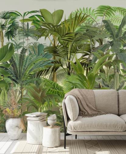 groene aanpasbare bladbehangmuurschildering genaamd Tropical Landscape van Andrea Haase voor lounges