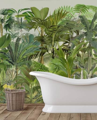 vihreä muokattava lehtitaustakuvamaalaus nimeltä Tropical Landscape, kirjoittanut Andrea Haase oleskelutiloihin vihreä muokattava lehtitaustakuvamaalaus nimeltä Tropical Landscape, kirjoittanut Andrea Haase oleskelutiloihin