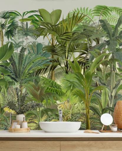 groene aanpasbare bladbehangmuurschildering genaamd Tropical Landscape van Andrea Haase voor lounges