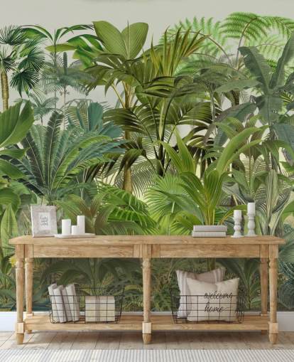 mural de papel de parede de folhas verdes personalizáveis chamado Tropical Landscape de Andrea Haase para lounges