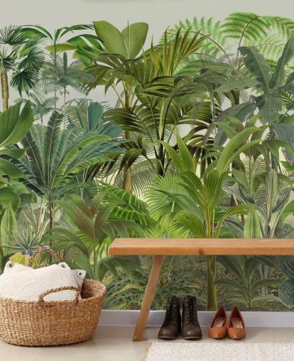 green customisable leaf wallpaper mural called Tropical Landscape by Andrea Haase for lounges