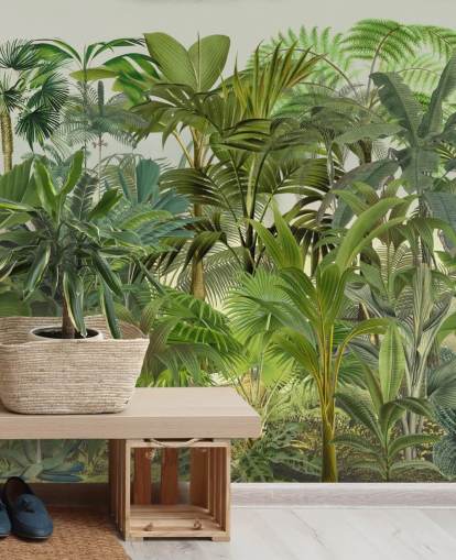 papier peint mural vert à feuilles personnalisables appelé Tropical Landscape par Andrea Haase pour les salons