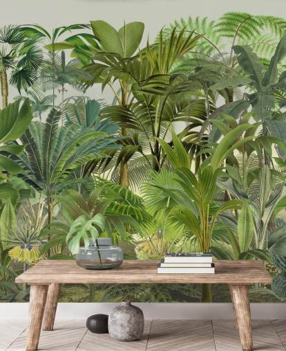 green customisable leaf wallpaper mural called Tropical Landscape by Andrea Haase for lounges