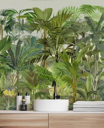 mural de papel pintado con hojas verdes personalizable llamado Tropical Landscape de Andrea Haase para salones