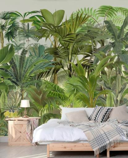mural de papel pintado con hojas verdes personalizable llamado Tropical Landscape de Andrea Haase para salones