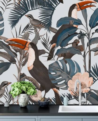 papier peint illustré toucan dans la jungle