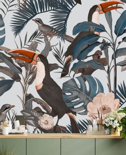 papel pintado ilustrado de tucán en la selva
