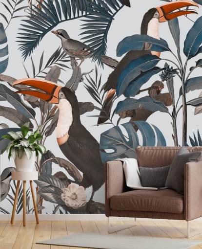 toucan in jungle illustrated wallpaper