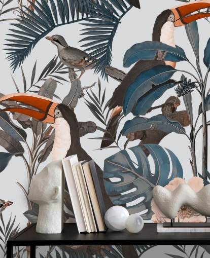 papel pintado ilustrado de tucán en la selva