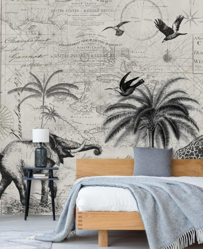 black and white jungle vintage illustration of trees, giraffe, elephant wallpaper
