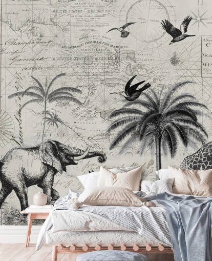 ilustración vintage de selva en blanco y negro de árboles, jirafa, papel tapiz de elefante