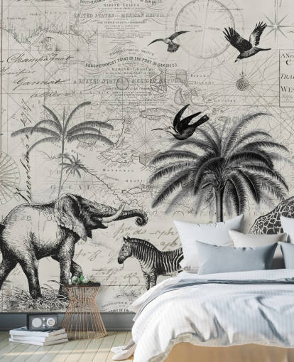 illustration vintage jungle noir et blanc d'arbres, girafe, papier peint éléphant