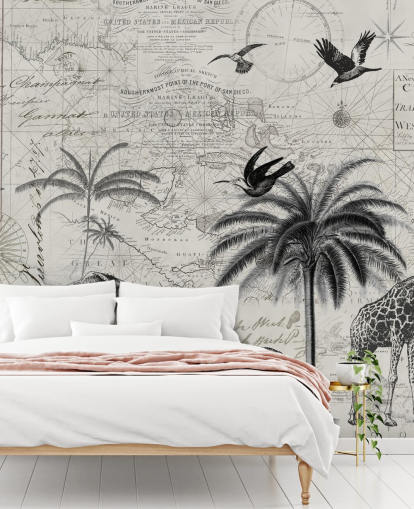 illustration vintage jungle noir et blanc d'arbres, girafe, papier peint éléphant