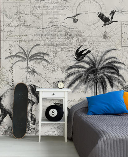 black and white jungle vintage illustration of trees, giraffe, elephant wallpaper