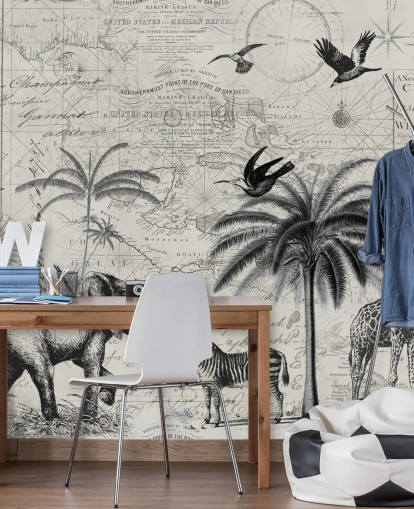 black and white jungle vintage illustration of trees, giraffe, elephant wallpaper