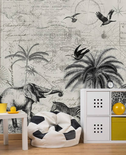 ilustração vintage selva preto e branco de árvores, girafa, elefante papel de parede