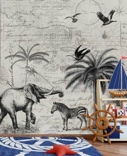 illustration vintage jungle noir et blanc d'arbres, girafe, papier peint éléphant