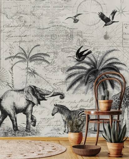 zwart-wit jungle vintage illustratie van bomen, giraf, olifantenbehang zwart-wit jungle vintage illustratie van bomen, giraf, olifantenbehang