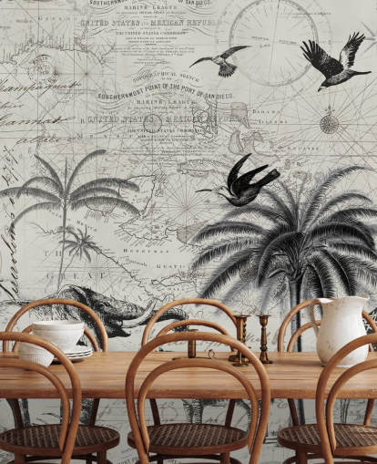 black and white jungle vintage illustration of trees, giraffe, elephant wallpaper