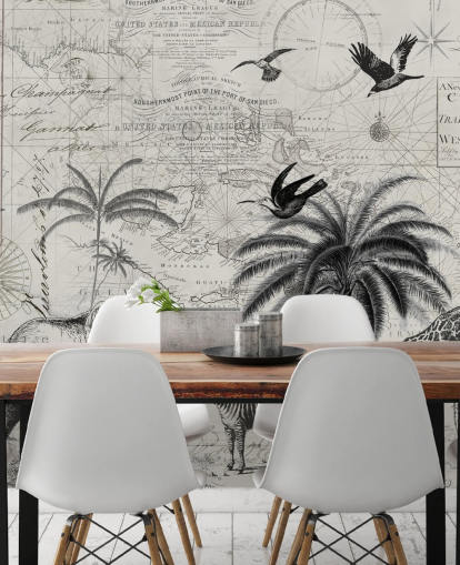 zwart-wit jungle vintage illustratie van bomen, giraf, olifantenbehang