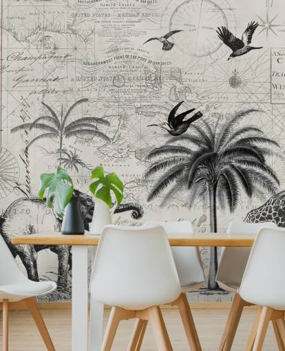 black and white jungle vintage illustration of trees, giraffe, elephant wallpaper