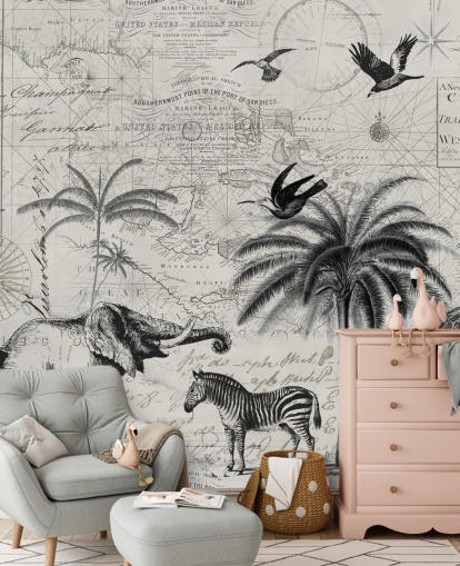 sort og hvid jungle vintage illustration af træer, giraf, elefant tapet sort og hvid jungle vintage illustration af træer, giraf, elefant tapet