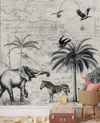 black and white jungle vintage illustration of trees, giraffe, elephant wallpaper