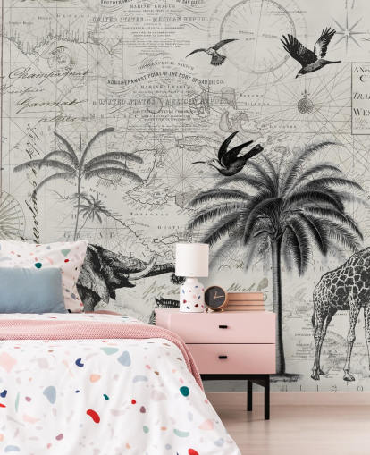 black and white jungle vintage illustration of trees, giraffe, elephant wallpaper black and white jungle vintage illustration of trees, giraffe, elephant wallpaper