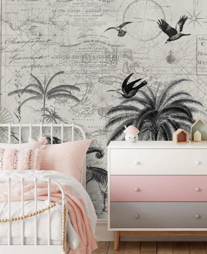 svart och vitt djungel vintage illustration av träd, giraff, elefant tapeter