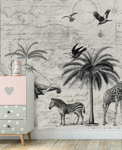 ilustração vintage selva preto e branco de árvores, girafa, elefante papel de parede