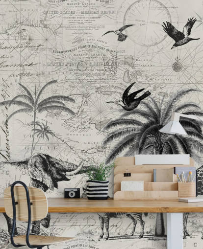 ilustração vintage selva preto e branco de árvores, girafa, elefante papel de parede