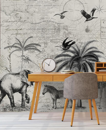 zwart-wit jungle vintage illustratie van bomen, giraf, olifantenbehang